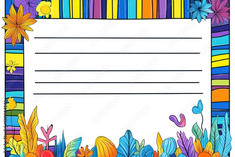 Poster decorated floral blank page frame with lines for text. abstract plants and colorful border pattern