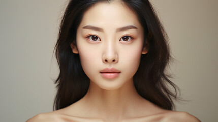 Naklejka premium A front-view medium headshot of a 25-year-old female model showcasing cosmetics with a clean, natural look.