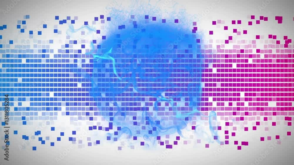 Poster animation of abstract digital design with blue and pink pixelated pattern