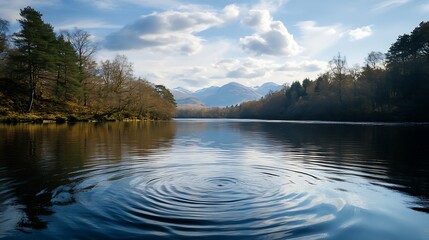 Fototapeta premium Serene lake reflecting mountains under a partly cloudy sky, with concentric ripples on the water's surface.