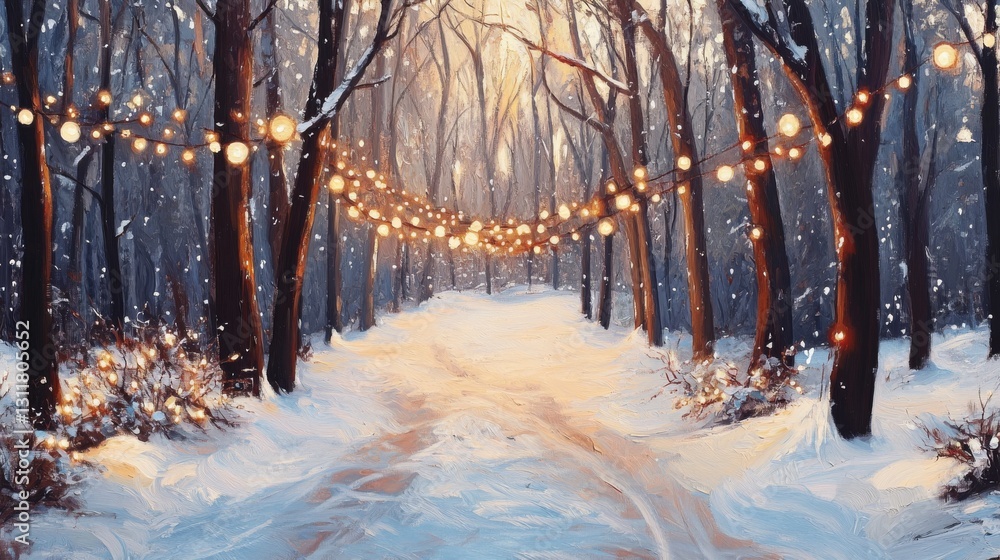 Aufkleber a serene winter scene depicting a snow-covered forest adorned with glowing string lights, creating a