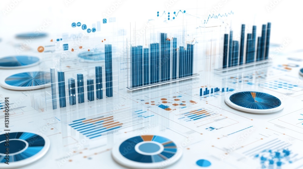 Poster data visualization: a 3d representation of financial and business analytics charts, graphs and diagr