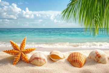 Tropical beach with various shells in sand, copyspace for text. Concept of summer relaxation