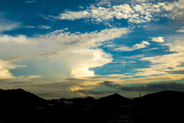 Beautiful Mountain landscape foggy windy mountain range green landscape asian farm. Amazing Landscape mountain green field meadow white cloud blue sky on sunrise. Countryside sunlight heaven scenery