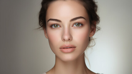 Fototapeta premium A front view medium headshot of an American female at a cosmetic skincare salon, exuding confidence.