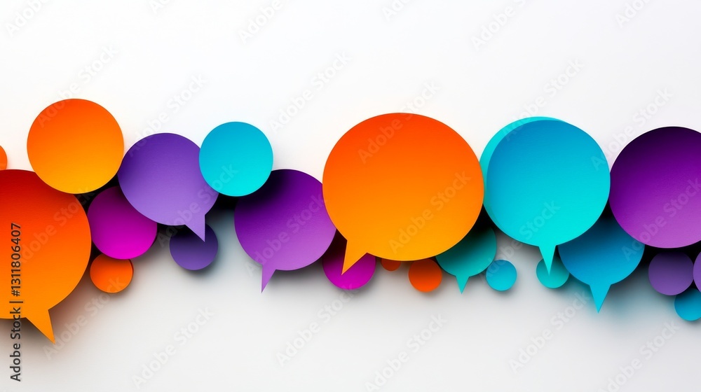 Poster a collection of vibrant, colorful speech bubbles arranged in a horizontal pattern against a white ba