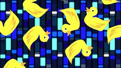 Yellow ducks animation over blue and black geometric pattern background - Powered by Adobe