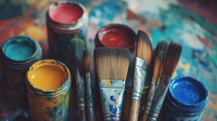Fototapeta premium A close-up of various paintbrushes alongside colorful paint jars, scattered on a vibrant, paint-splattered surface. A lively representation of artistic creativity in motion.. AI Generation