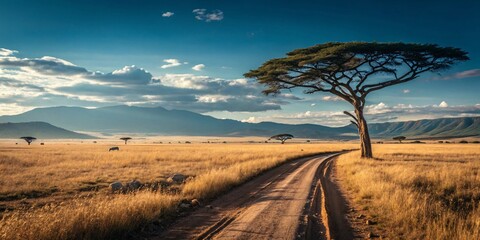 Fototapeta premium Serene African Savanna with Lone Acacia Tree and Golden Grasslands V2