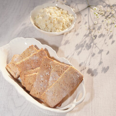 Home made soy cookies or okara cookies on white cloth. Healthy food.