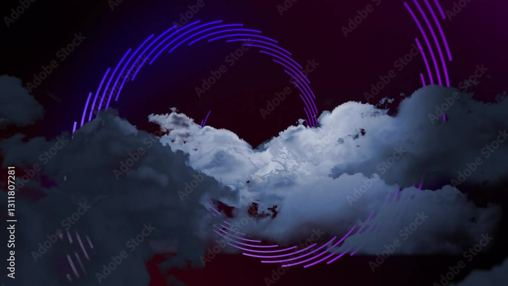 Poster purple circular lines forming cloud animation on dark background