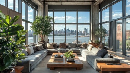 Naklejka premium Modern loft living room with city view (1)