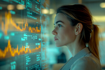 Businesswoman analyzing financial data and trends in modern workplace environment. Focused businesswoman studies critical financial data on a digital screen filled with graphs and statistics