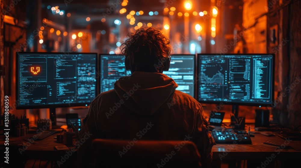 Poster a cybercriminal in a dimly lit basement, surrounded by multiple monitors displaying security breache