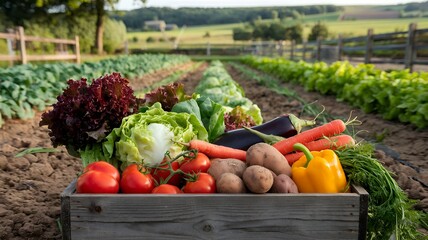 Fresh Organic Vegetables in a Wooden Crate on a Farm