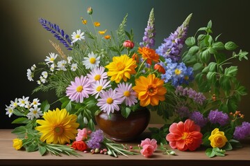 there is a vase of flowers on a table with a green background