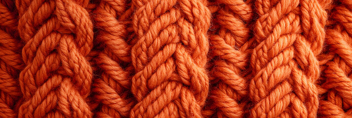 Close-up of a knitted wool pattern, exhibiting a warm, homely texture wide banner, orange background