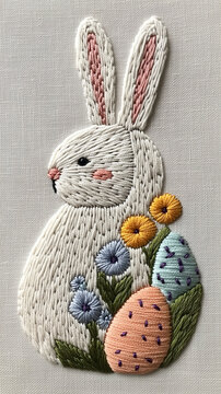 A charming hand-stitched embroidery of an Easter bunny with pastel eggs and flowers, perfect for a cozy cottagecore aesthetic