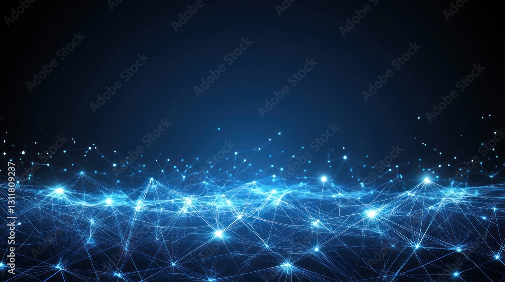 Poster abstract network connection with glowing blue lights and dark background