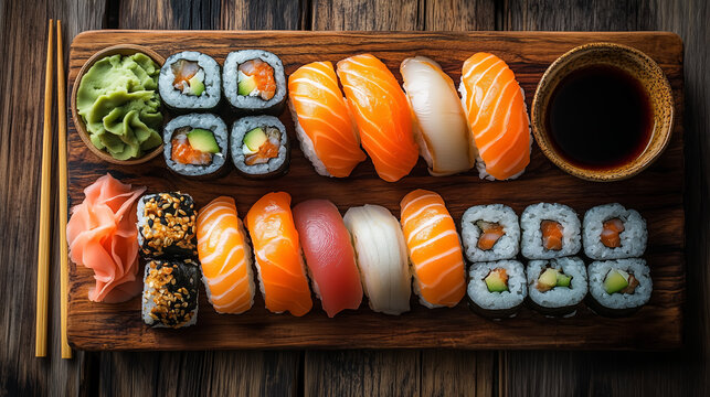 Variety of sushi rolls beautifully arranged on a wooden platter with wasabi and soy sauce in a cozy restaurant setting, perfect for sharing with friends or family