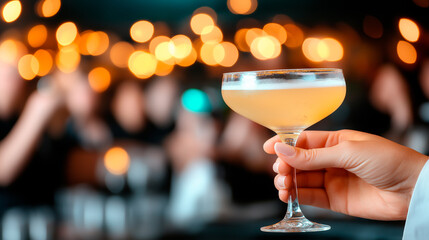 A crisp golden cocktail in a sleek glass, held gracefully by a woman's hand. The warm background and glowing bokeh create a luxurious and festive evening atmosphere.
