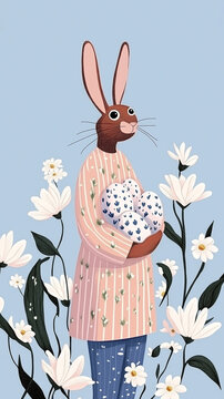 A flat-style illustration of an Easter bunny in pastel pajamas, holding colorful eggs