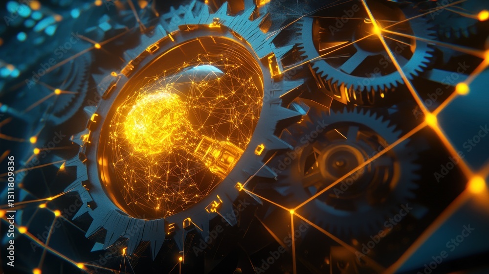 Poster gears and connected network, artificial intelligence and technology concept