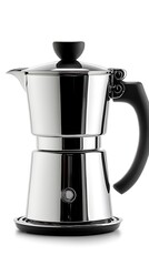 Polished stainless steel stovetop espresso maker with black handle and base.