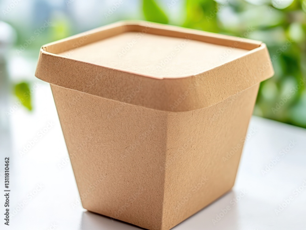 Poster close up of a square beige container with a lid set on a table with blurred green foliage in backgro