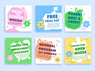 Banners advertising various promotions for events after kindergarten graduation, including enrollment discounts, free orientation days, and meetings with parents.