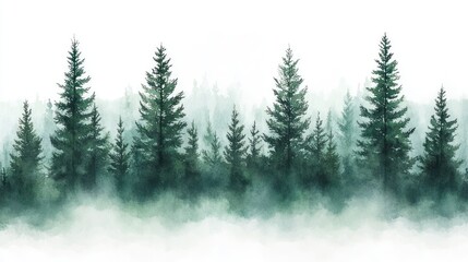 Obraz premium Minimalist watercolor pine trees in gradient shades of green, white background