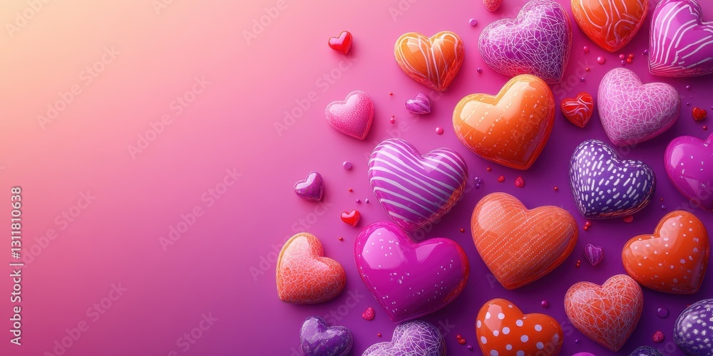 Poster vibrant and colorful hearts on a soft gradient background creating a romantic atmosphere