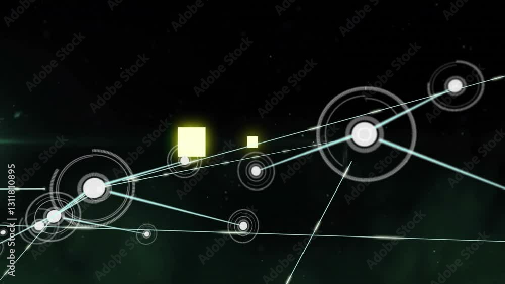 Poster animation of geometric shapes and lines creating digital network on dark background