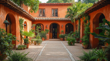 Charming courtyard adorned with vibrant greenery in a rustic Spanish-style building during a sunny afternoon