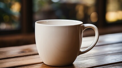 Obraz premium White coffee cup on wooden table with blurred background 
