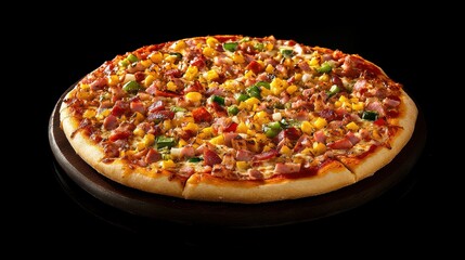 Supreme Pizza with Ham, Bacon, and Colorful Vegetables