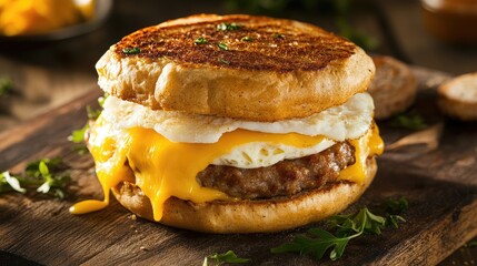 A breakfast sandwich with egg, cheese, and sausage on a toasted English muffin.