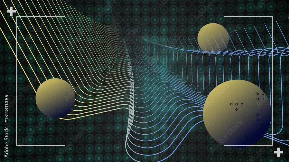 Poster digital animation of abstract waves and spheres over binary code background