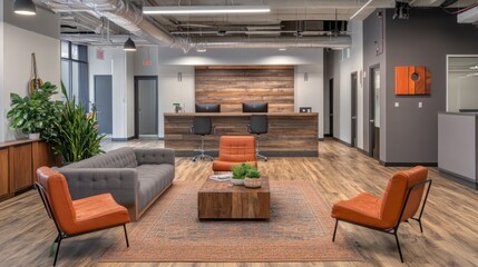 Fototapeta premium Modern office lobby interior design, spacious reception area, functional workspace, ideal for corporate use