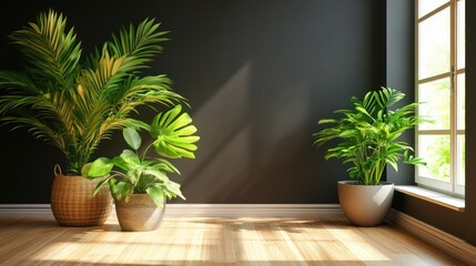 Fototapeta premium Sunlit corner with potted plants against a dark wall.