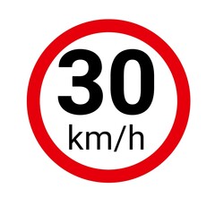 Illustration of a 30 km/h maximum speed limit sign symbol. Traffic icon, sign.
