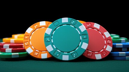 Casino game night colorful poker chips on green felt gaming environment close-up view competitive concept