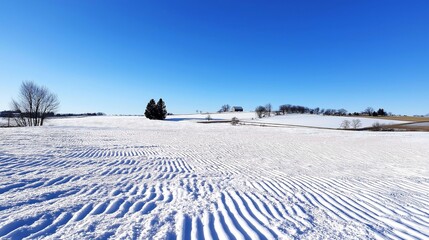 Expansive winter landscape with snow and clear blue sky