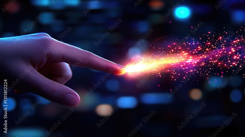 Poster creating spark of innovation hand touching light of imagination digital realm visual art abstract en
