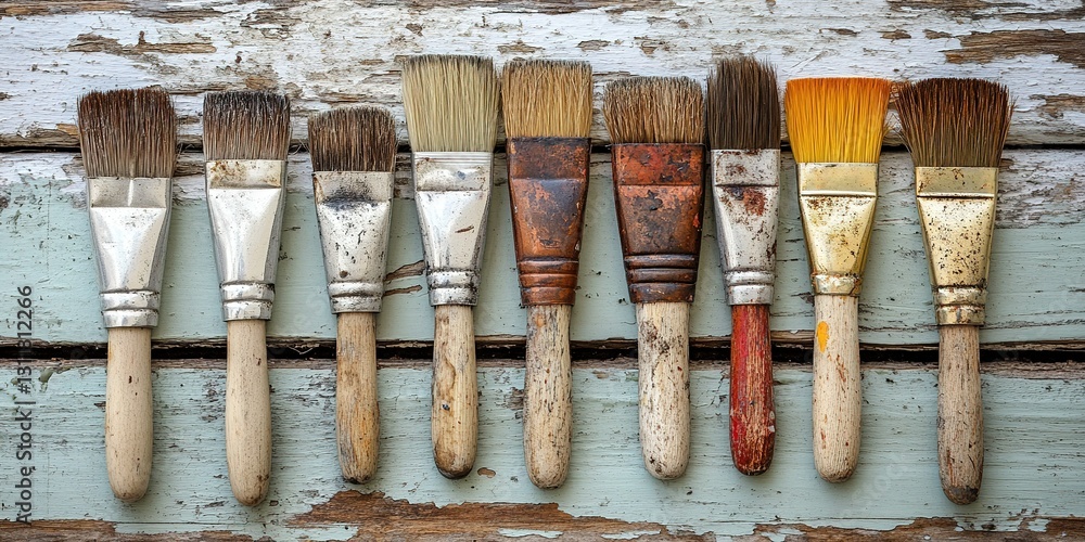 Poster different types of paintbrushes displayed in a row on weathered wooden surface