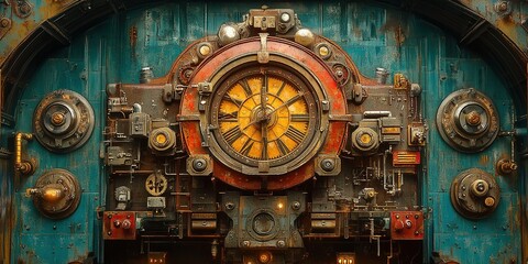 Fototapeta premium Industrial steampunk clockwork mechanism on a weathered blue wall in a retro-futuristic setting