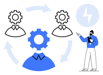 Gear-headed figures symbolizing collaboration, interconnected by arrows, with a professional presenting. Ideal for teamwork, workflow, leadership, management, brainstorming, innovation flat simple