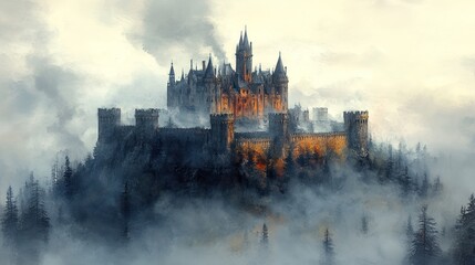 Mystical watercolor ancient castle surrounded by mist, white background