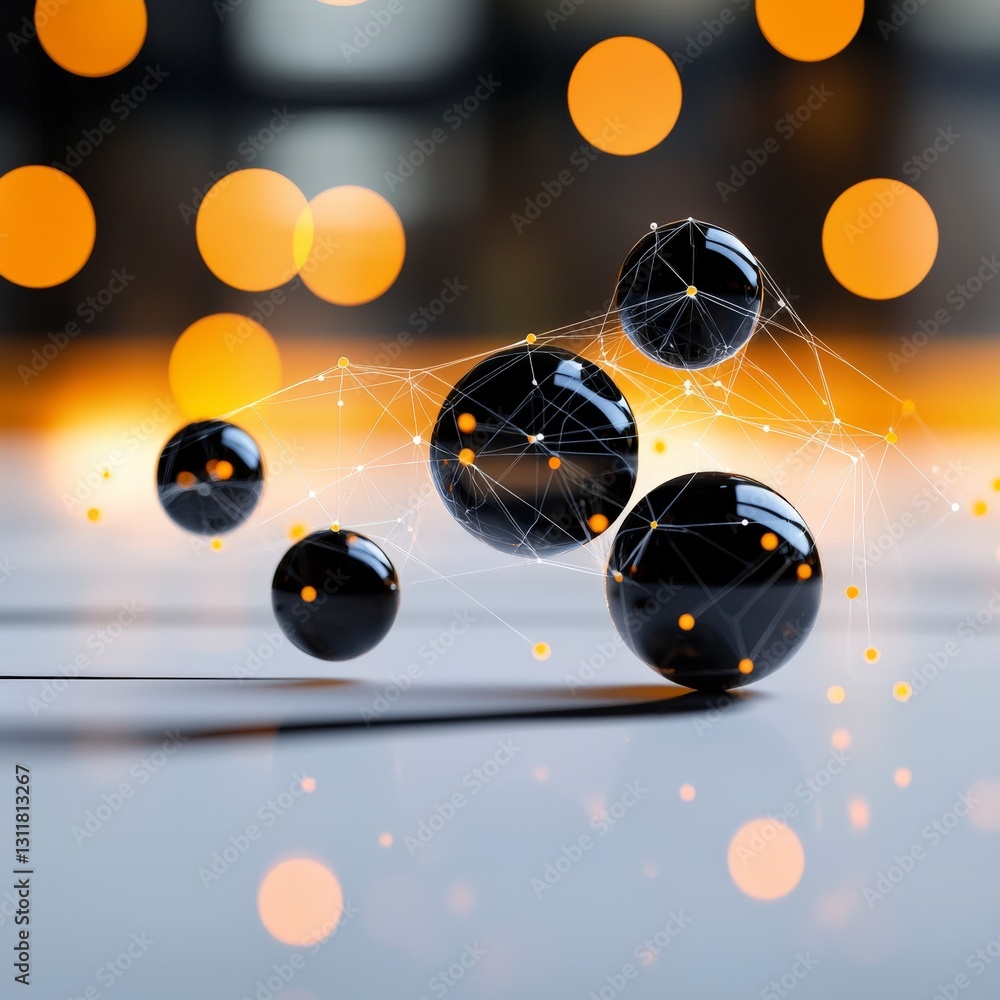 Poster abstract blue spheres with floating elements in space