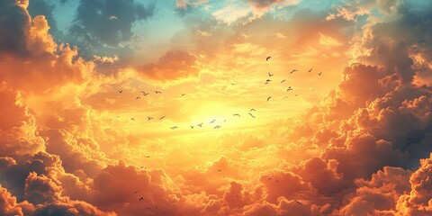 A breathtaking digital artwork depicting an expansive sky awash in fiery oranges, serene yellows, and deep blues, evoking awe through its vibrant and dynamic interplay of colors.  